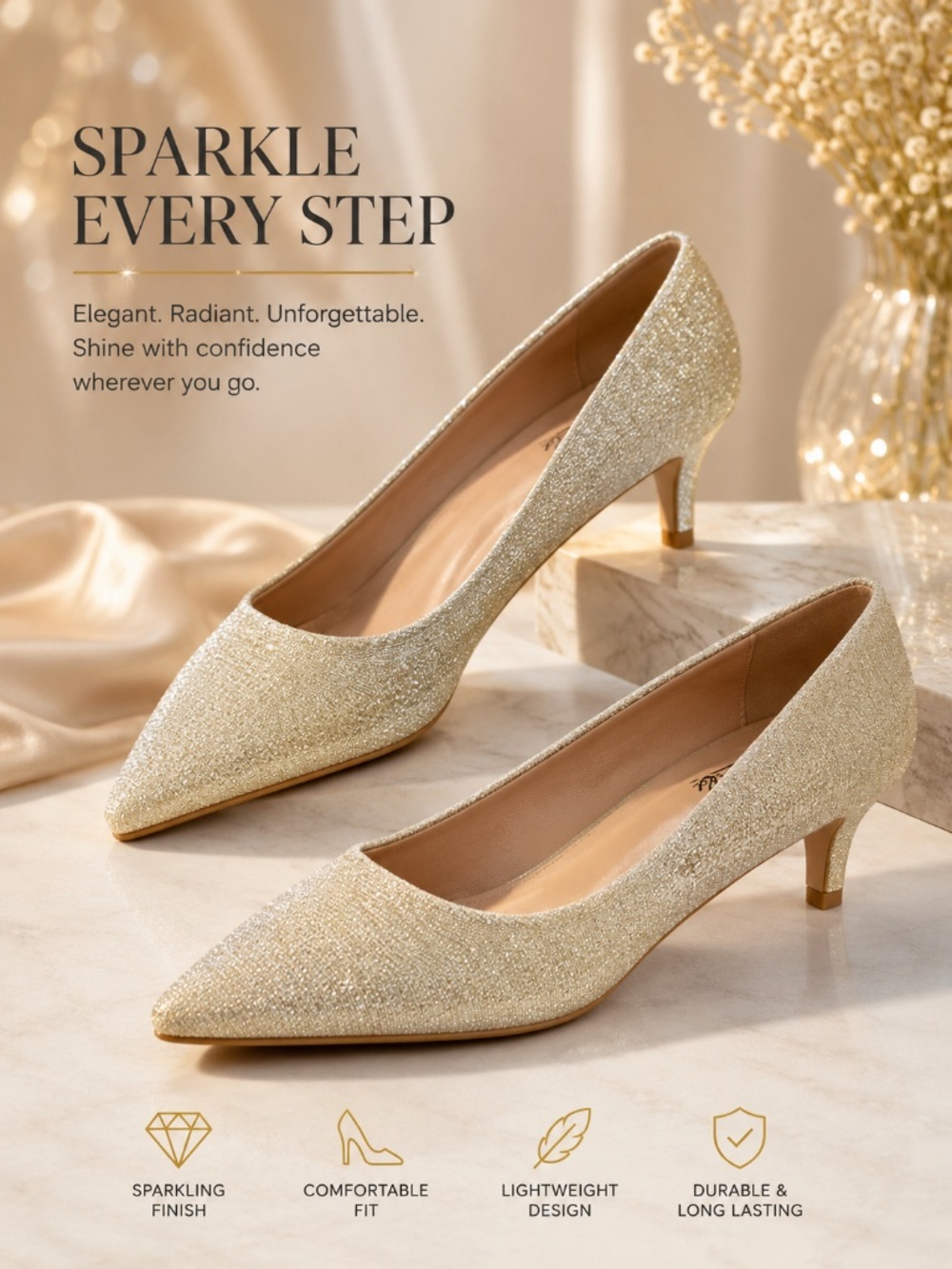 Gold Glitter Pointed Toe Kitten Heel Pumps | Size 9